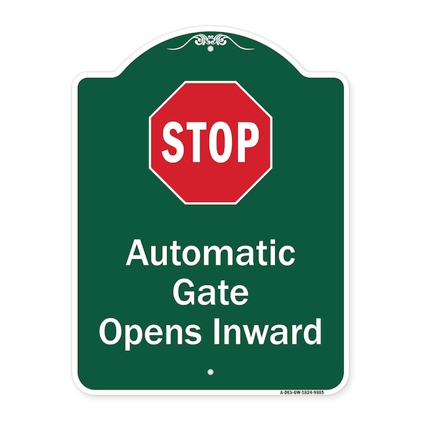 Stop Automatic Gate Opens Inward W/ Heavy-Gauge Aluminum Architectural Sign, 24" x 18", GW-1824-9885